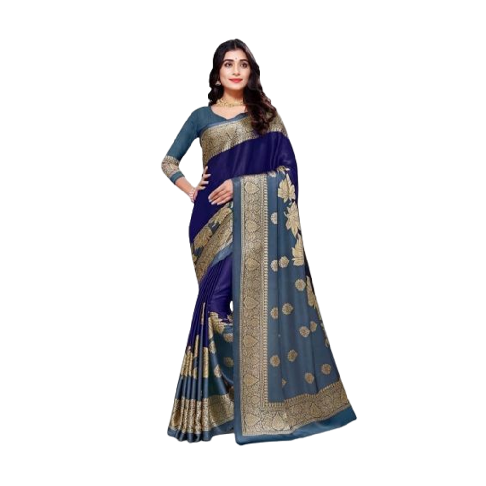 Soft Silk Digital 3D Printed Saree With Blouse Piece - Royal Blue And Gray - SS-P16