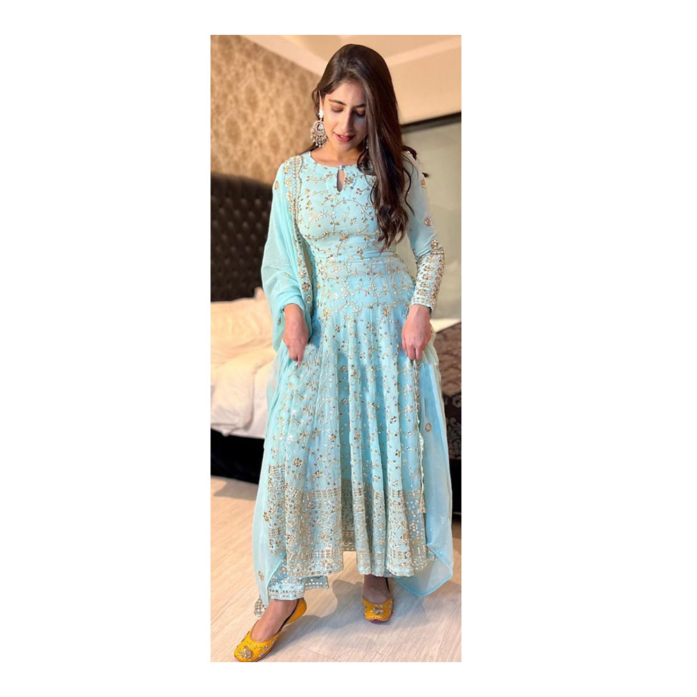 Georgette Semi Stitched Embroidered Anarkali Gown for Women - Sky Blue