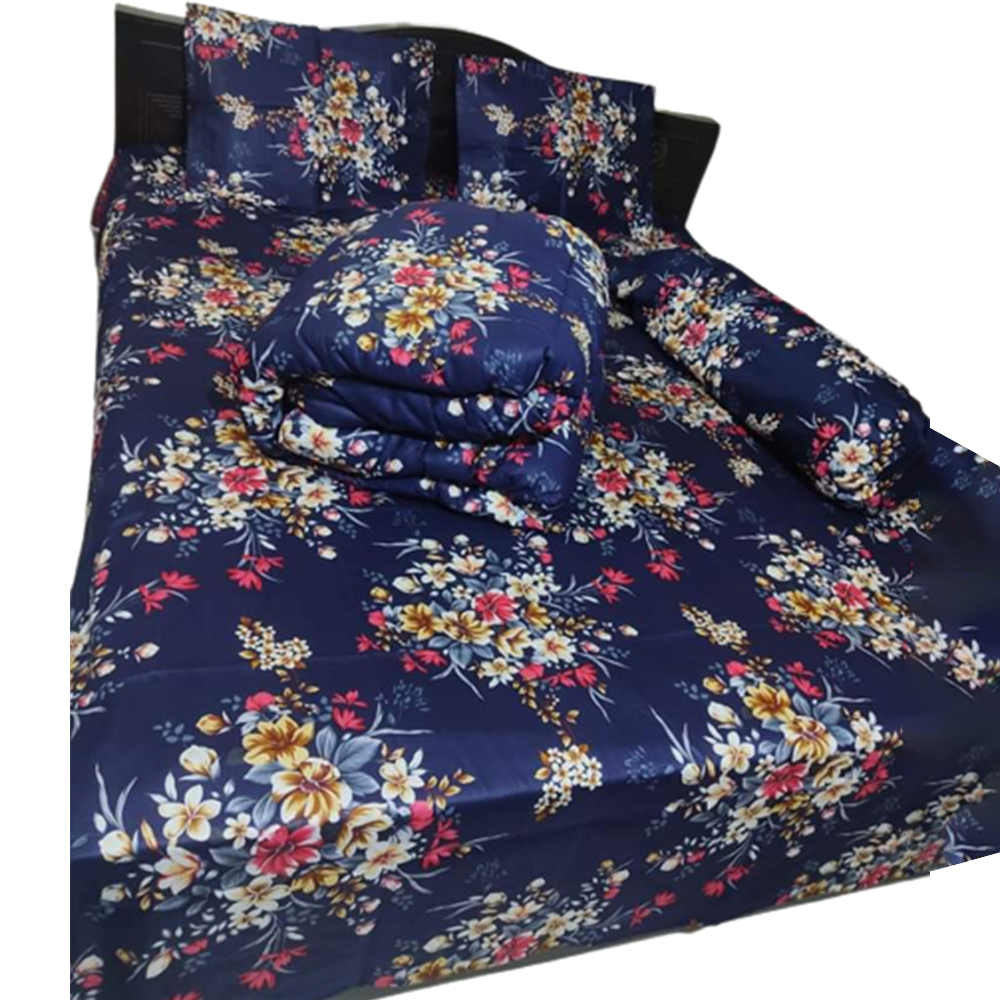 Twill Cotton 5 In 1 King Size Bedsheet Comforter Set - Blue - CFS-123