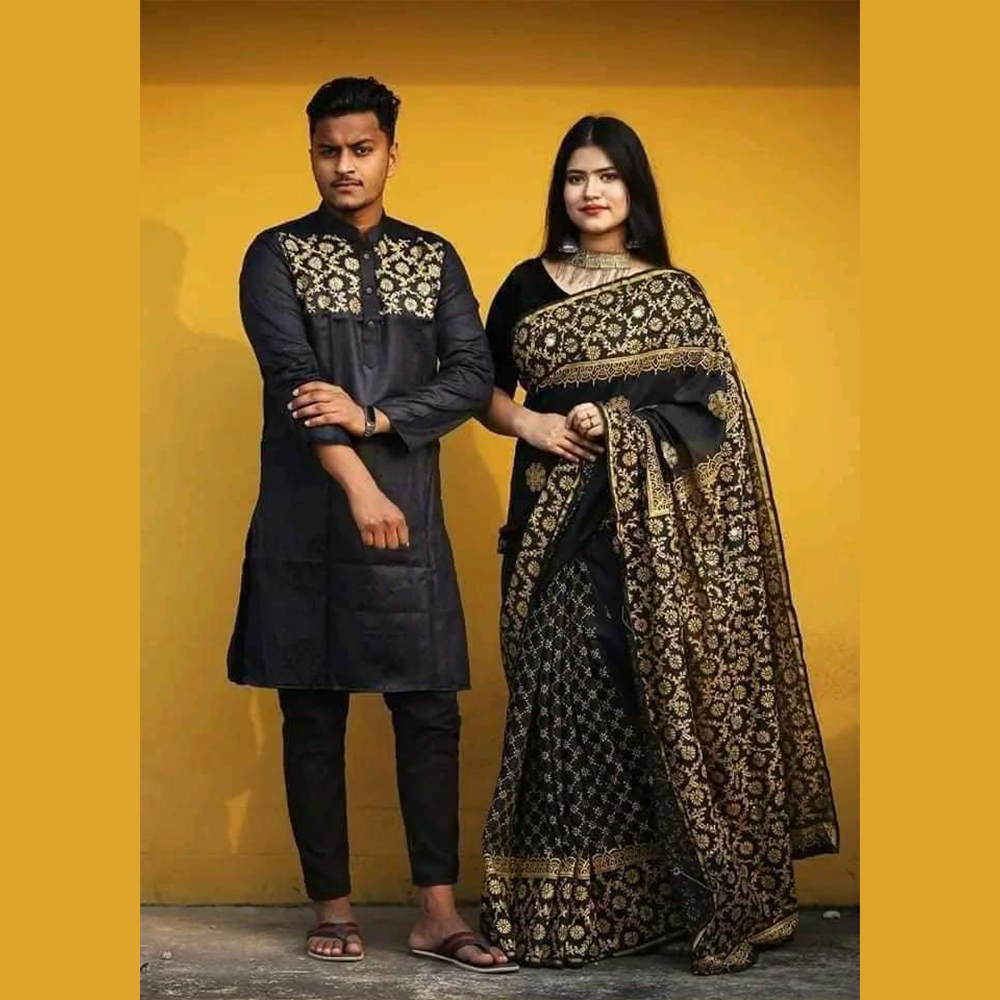 Block Print Half Silk Saree and Dupiyan Cotton Panjabi Couple Set - Black - BP12