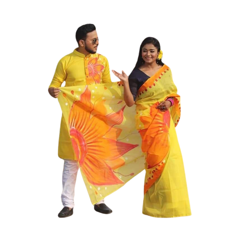 Cotton Silk Saree and Dhupian Cotton Panjabi Couple Dress - Sun Yellow - SC86