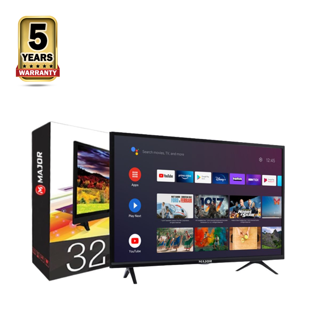 Major Smart Android Voice Control and Double Glass TV - 32 Inch - Black