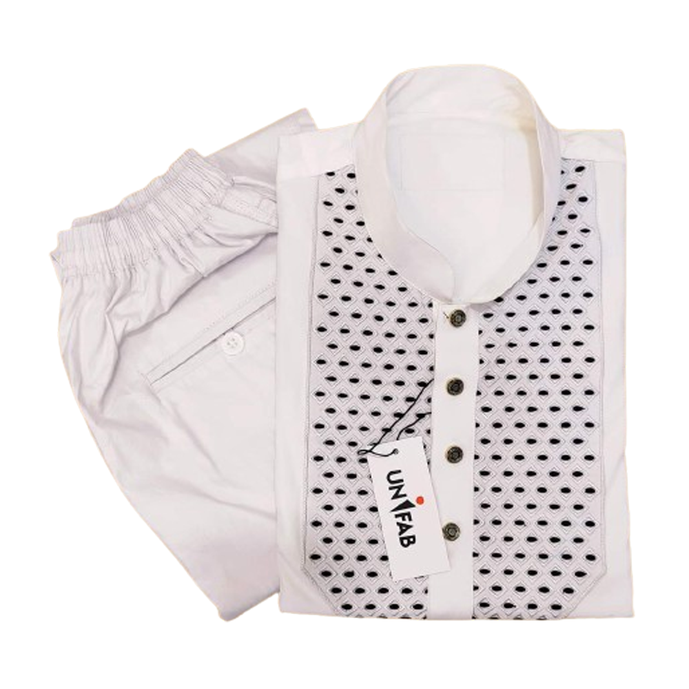 Cotton Printed Semi Long Panjabi Payjama Set For Men - White