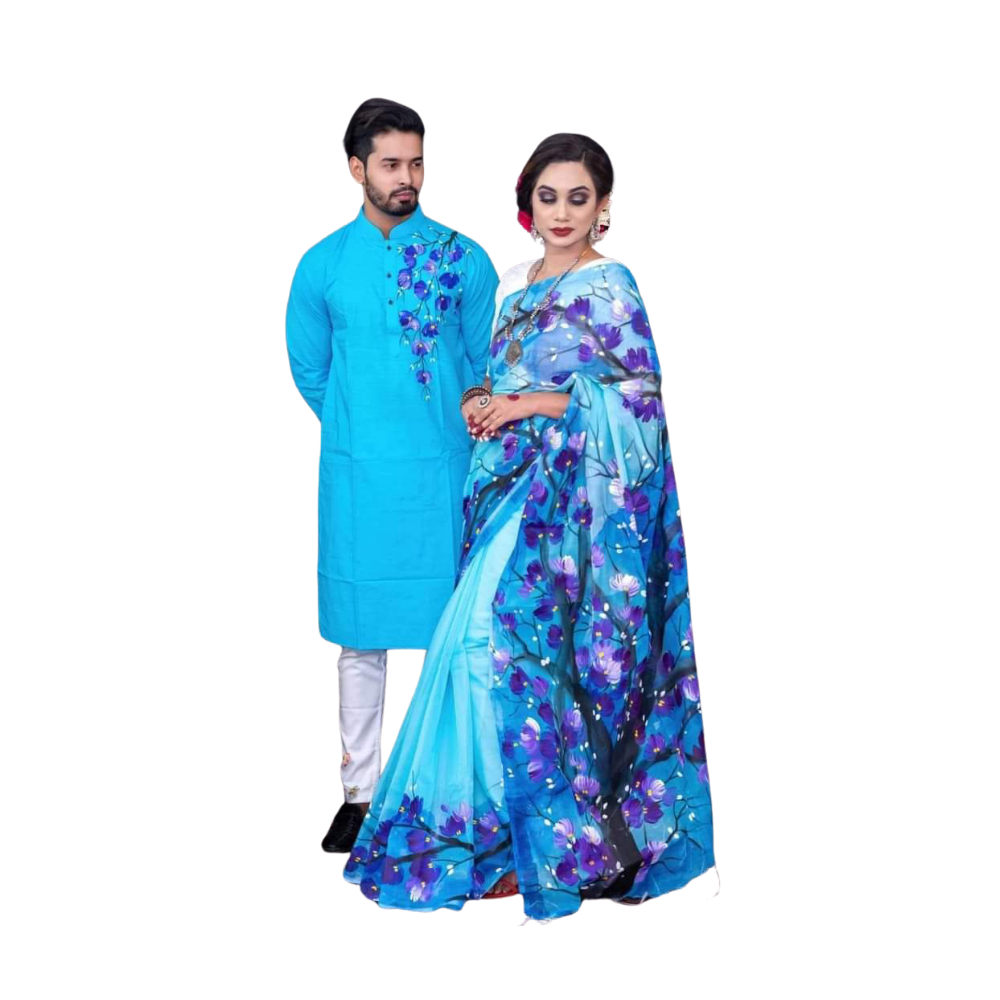 Cotton Silk Saree and Dhupian Cotton Panjabi Couple Dress - Soft Blue - SC58
