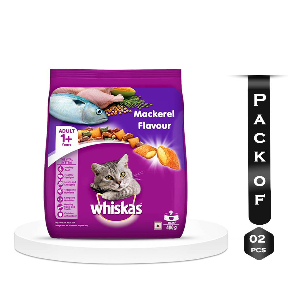 Pack of 2 Pcs Whiskas Mackerel Flavor Food for Adult Cat - 1+ Years - 480gm x 2 Packs