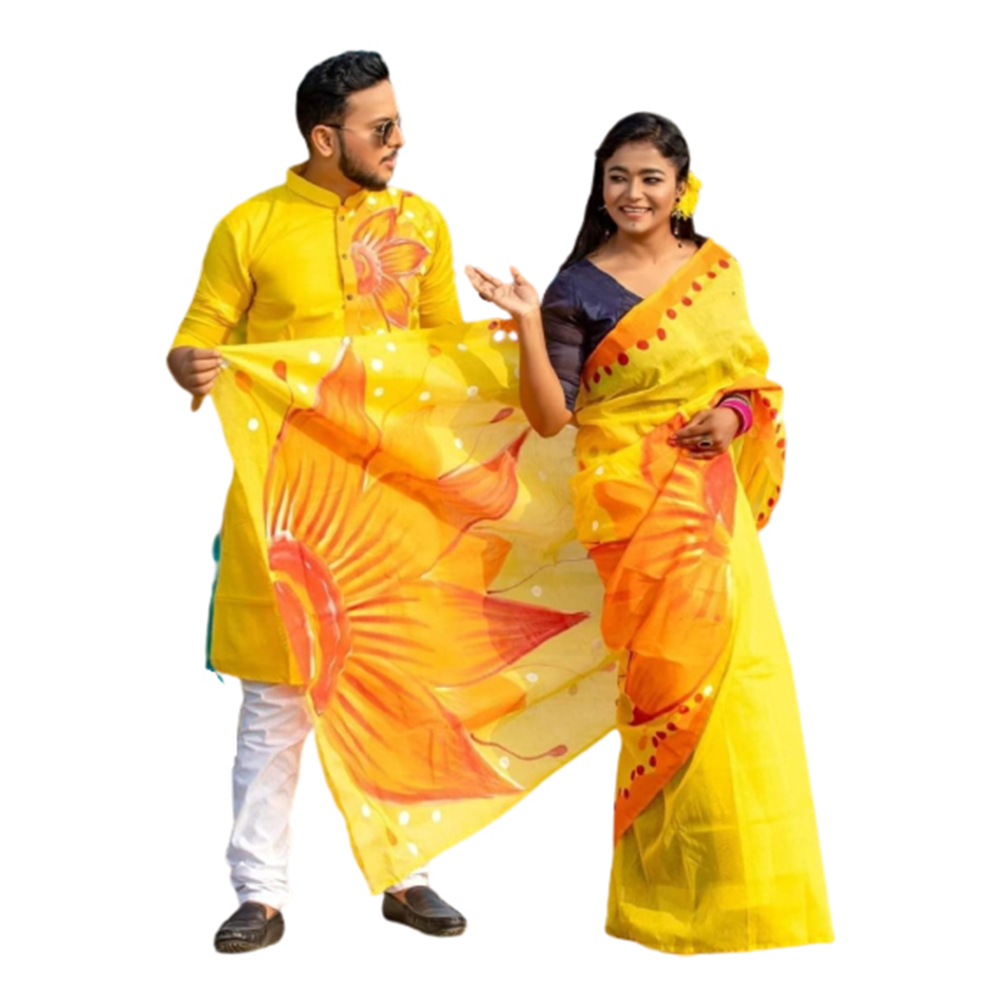 Hand Print Couple Set Saree With Panjabi - Yellow - CS-66