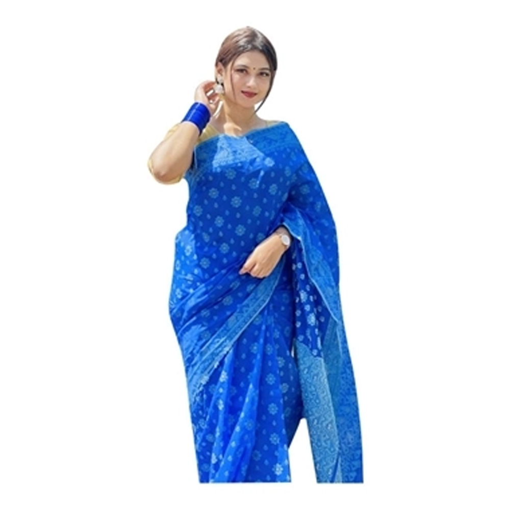 Half Silk Jamdani Saree for Women - Blue