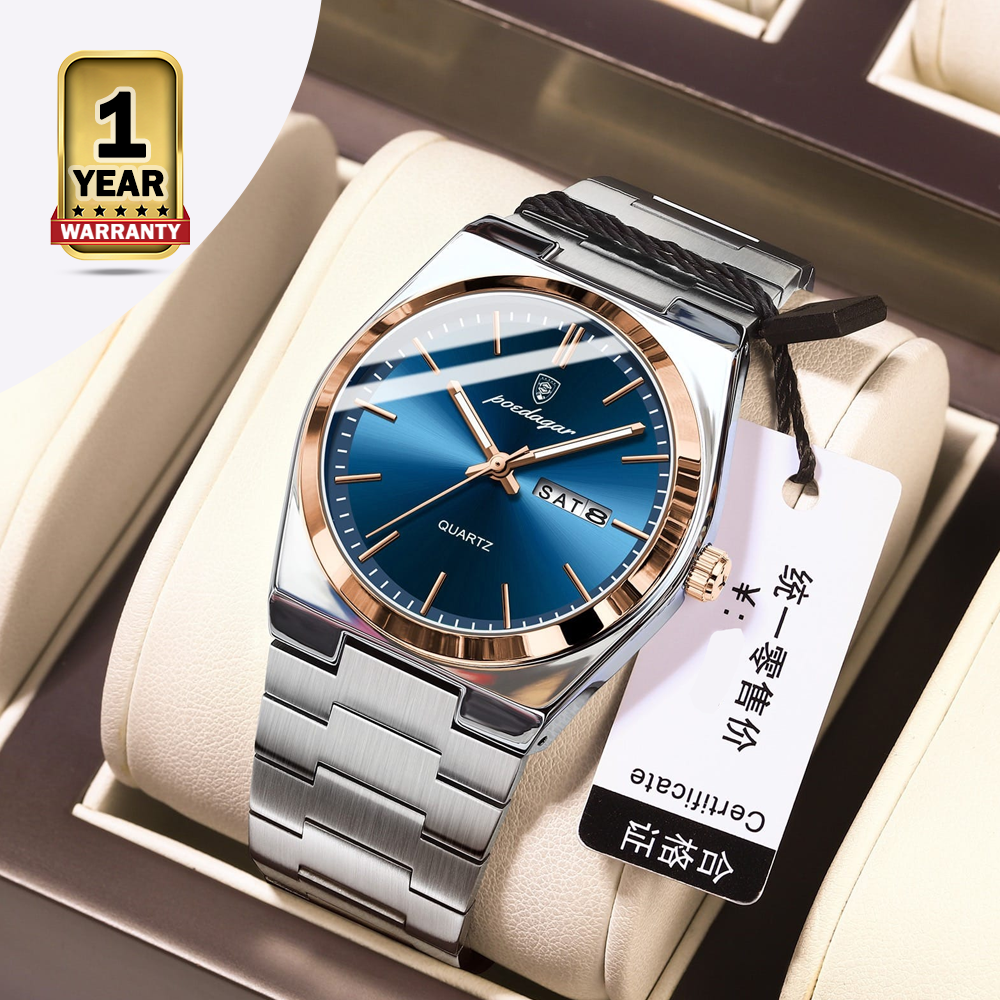 Poedagar 930 Stainless Steel Quartz Luminous Wristwatch for Men - Silver Golden and Blue 
