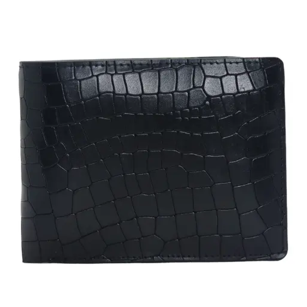 Leather Crocodile Print Bifold Slim Wallet For Men - Black