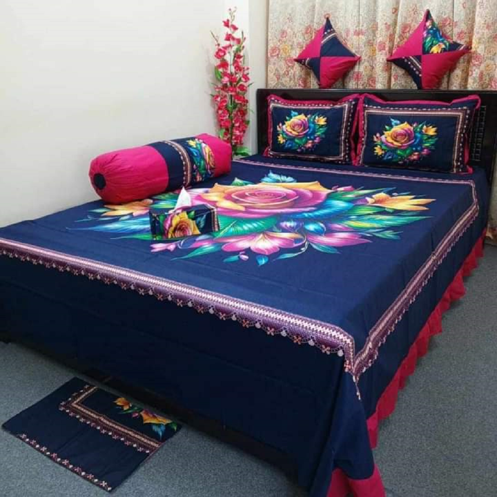 Cotton Panel 8 in 1 King Size Bedsheet - Navy Blue - S8-08