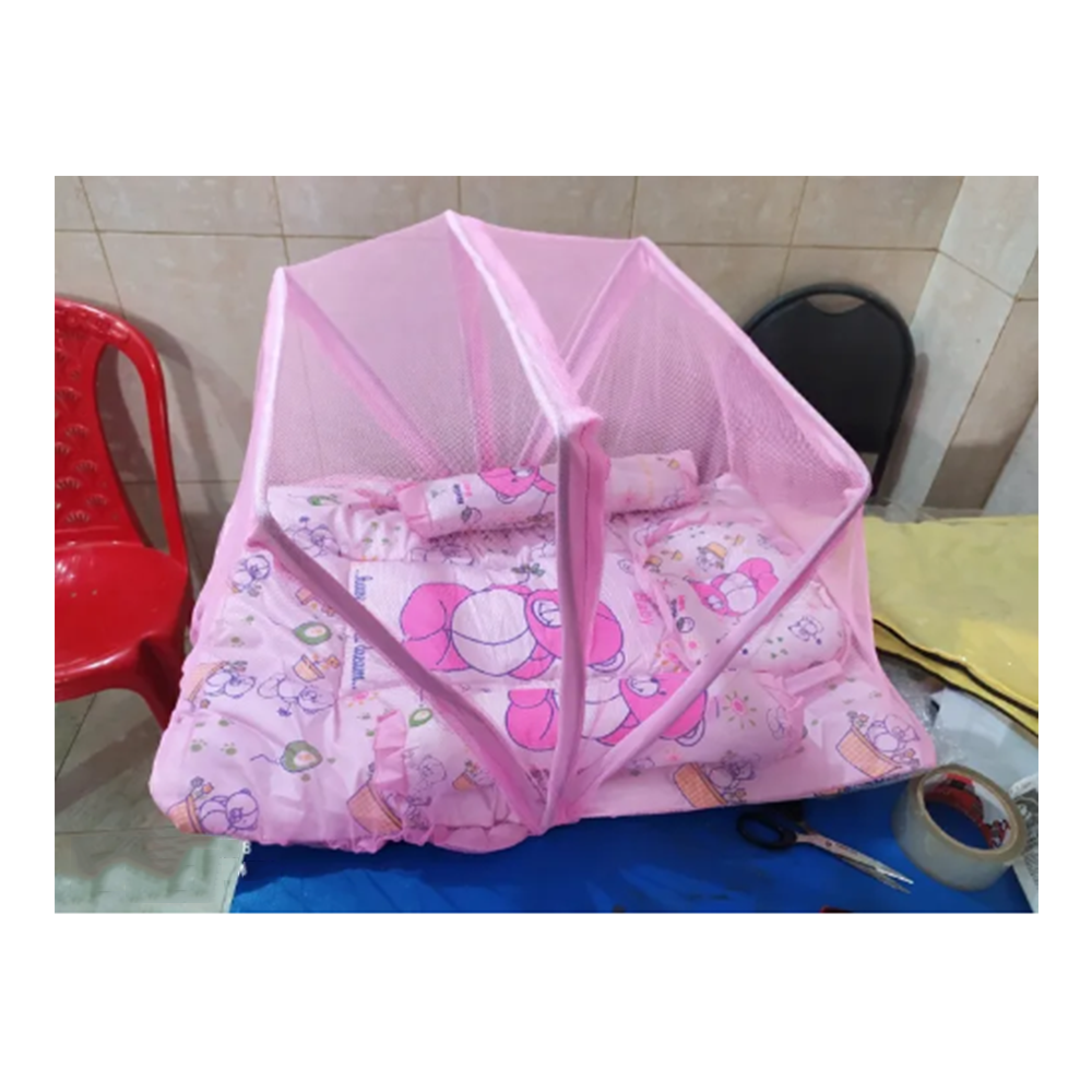 Baby Bed Set with Mosquito Net and Pillow - Pink