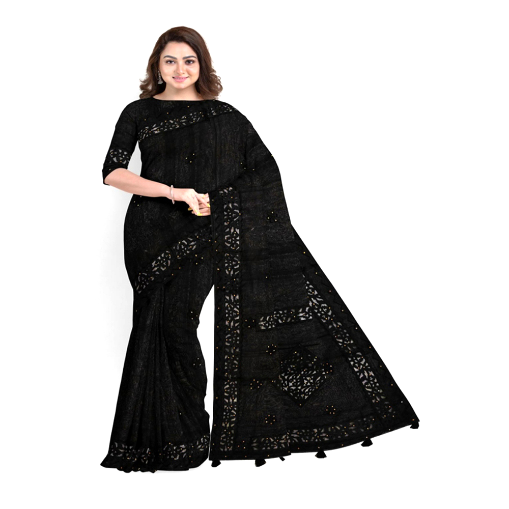 Half Silk Kating Design Tangail Tant Saree For Women - Black - TTS-172