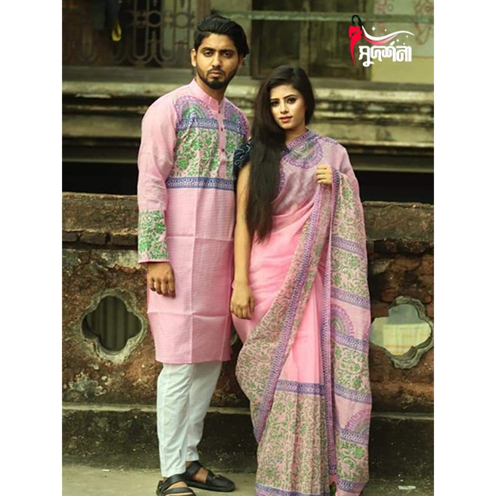 Dhupian Block Print Silk Saree and Dhupian Silk Panjabi for Couple - Multicolor - 0021