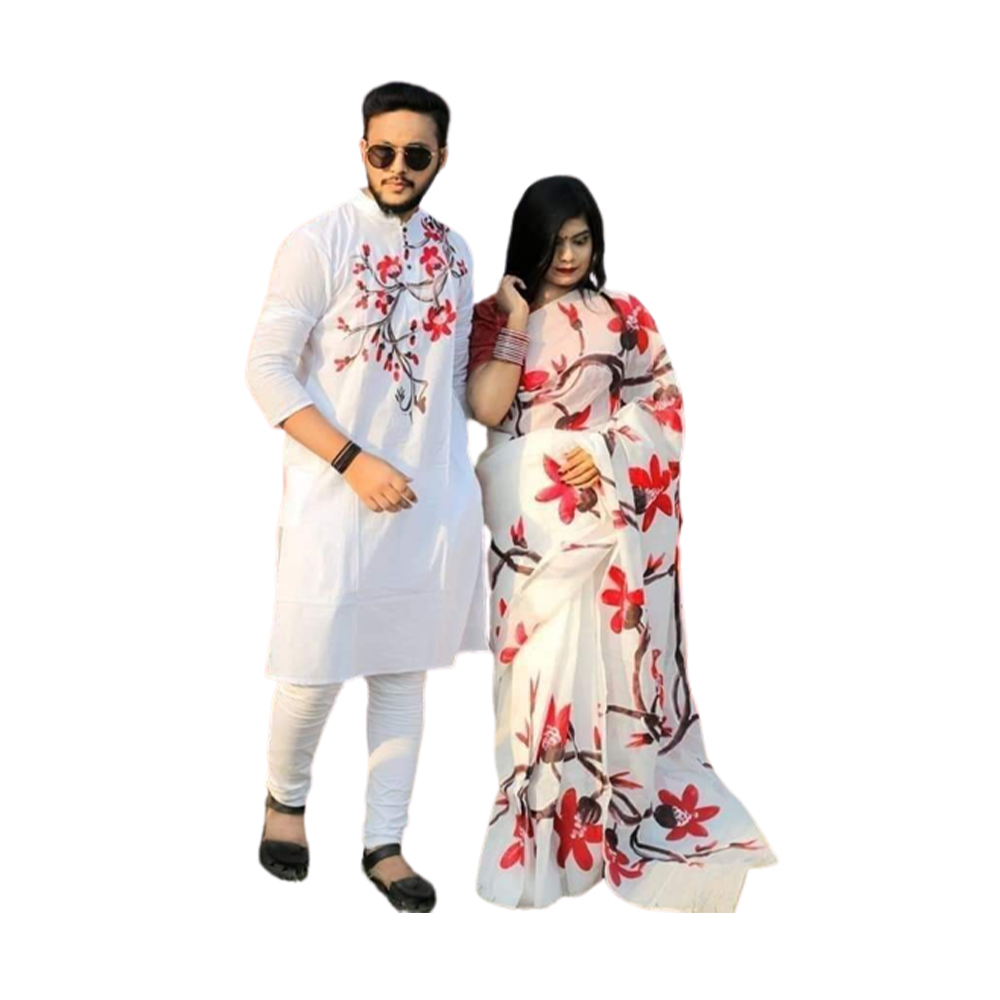 Hand Print Half Silk Saree and Silk Cotton Panjabi for Couple - White - CS-40