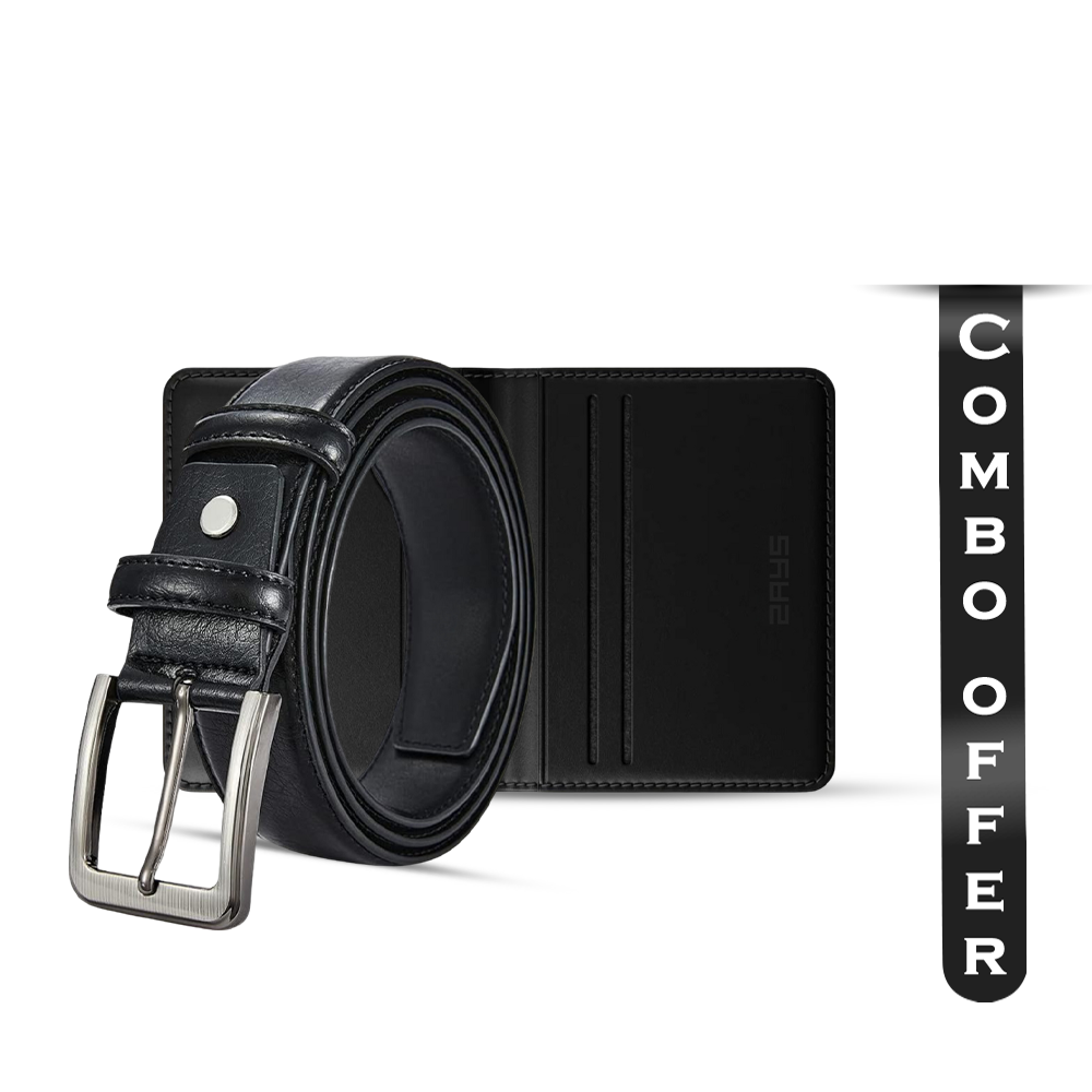 Combo of ZAYS Leather Card Holder Wallet and Leather Belt for Men - Black - ZCO103