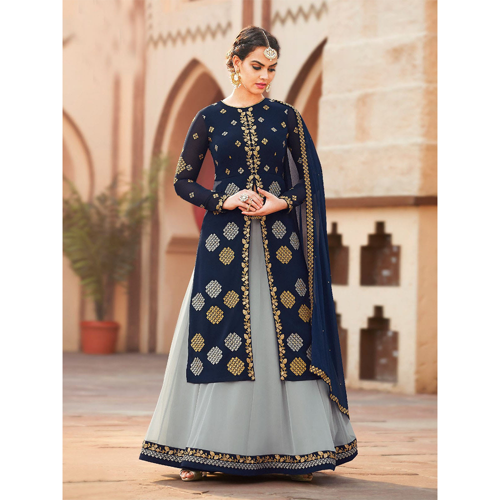 Unstitched Georgette Embroidery 4 Piece Salwar Kameez For Women - Navy Blue and Ash - 4F-G1