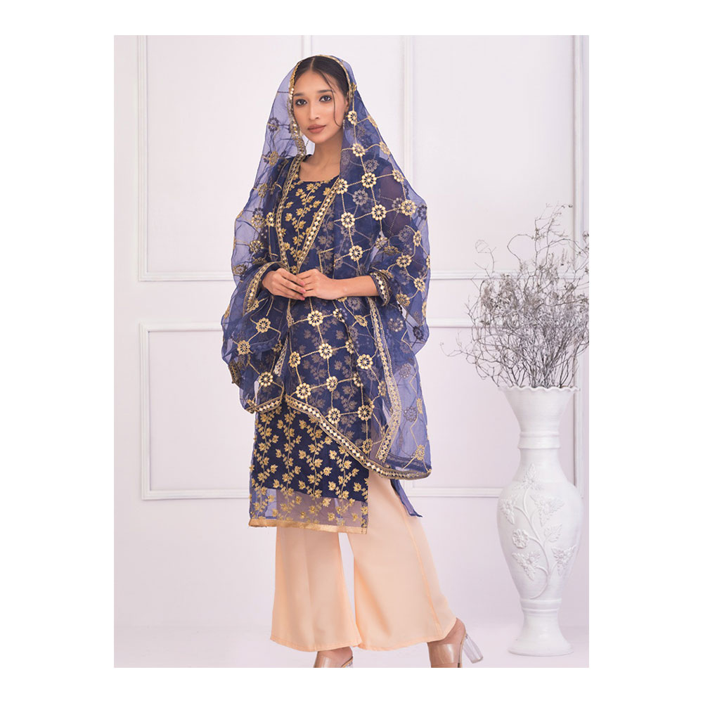 Organza Semi Stitched Three Piece Party Dress for Women - Blue