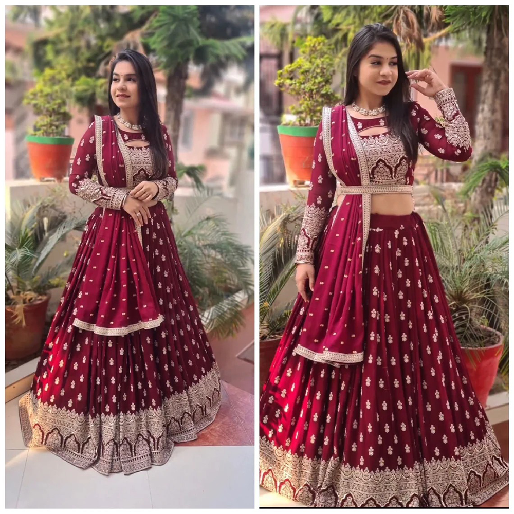 Weightless Georgette Embroidery Lehenga Party Dress for Women - Dark Maroon - HP-MPD-414