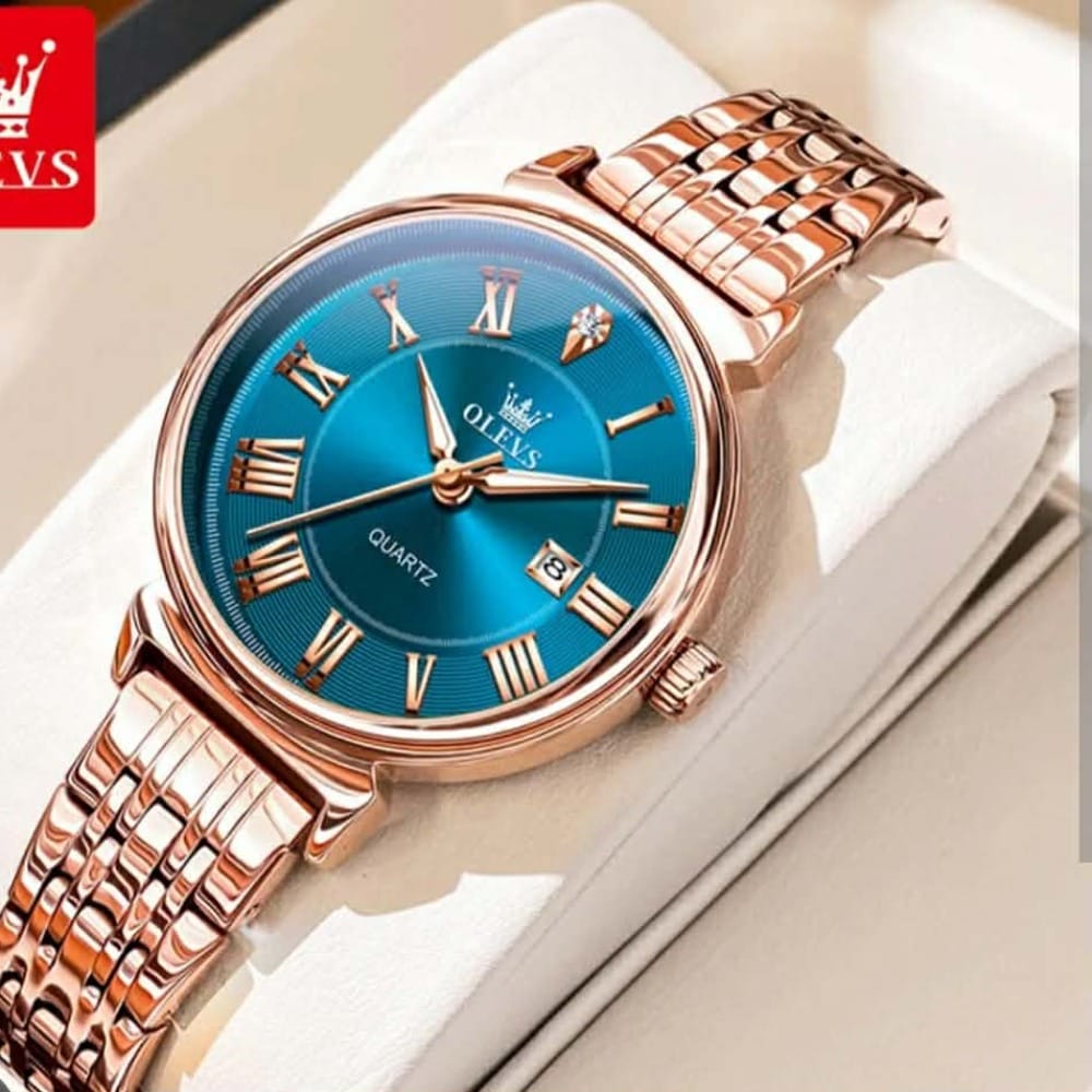 Olevs 9997L RoseGold Stainless Steel Analog Wrist Watch For Women - SkyBlue & RoseGold