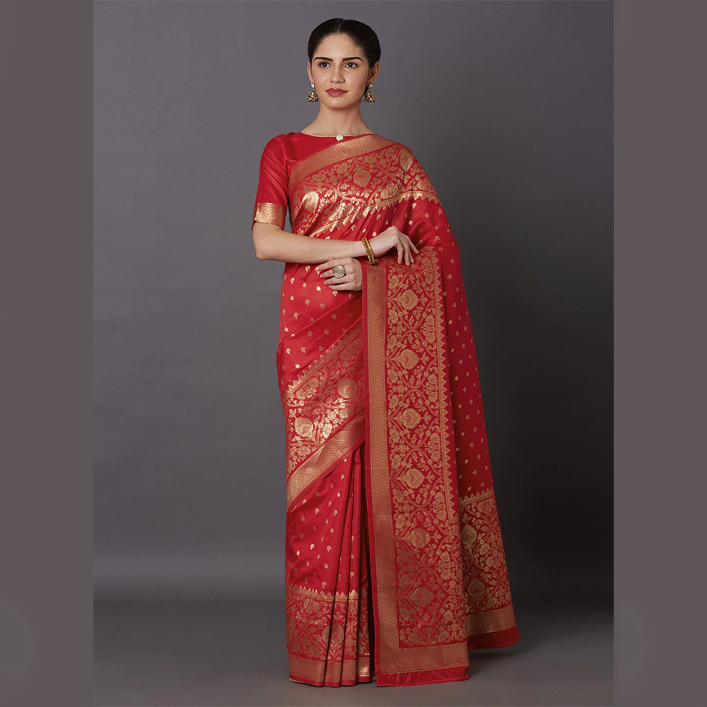 Silk Printed Saree With Blouse Pieces For Women -Red