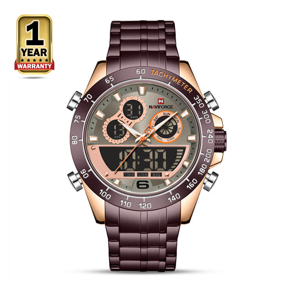 Naviforce NF9188 Golden Stainless Steel Dual Time Watch For Men - Rose Gold and Bronze