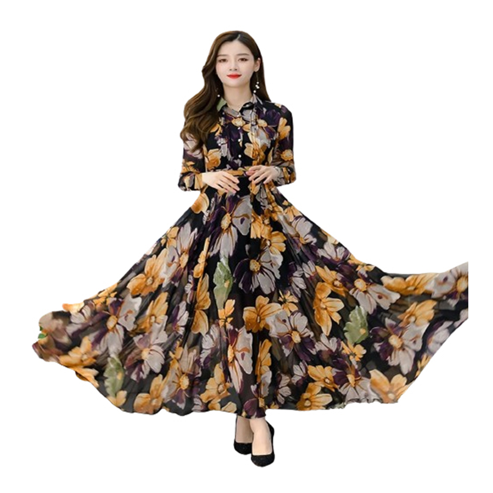 Linen Digital Print Long Sleeve Gown For Women - Black - GL-P5