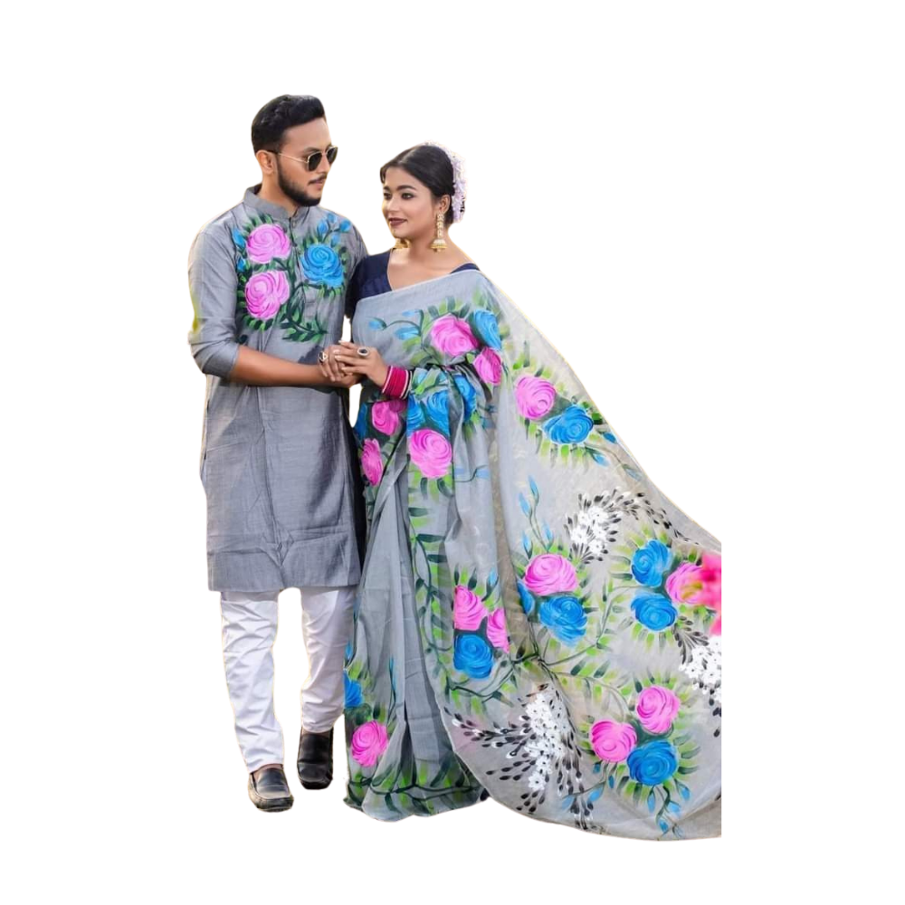 Cotton Silk Saree and Dhupian Cotton Panjabi Couple Dress - Grey - SC55