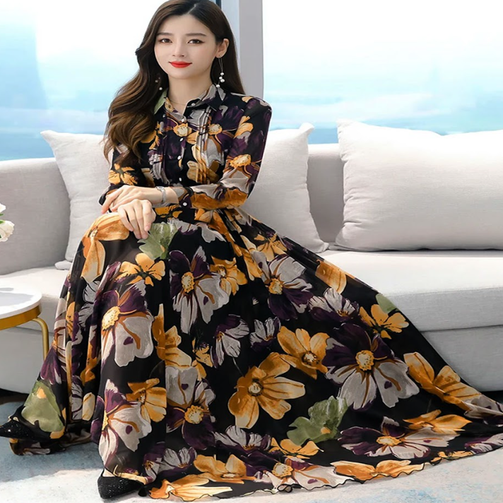 Linen Digital Print Long Sleeve Gown For Women - Black - 1608