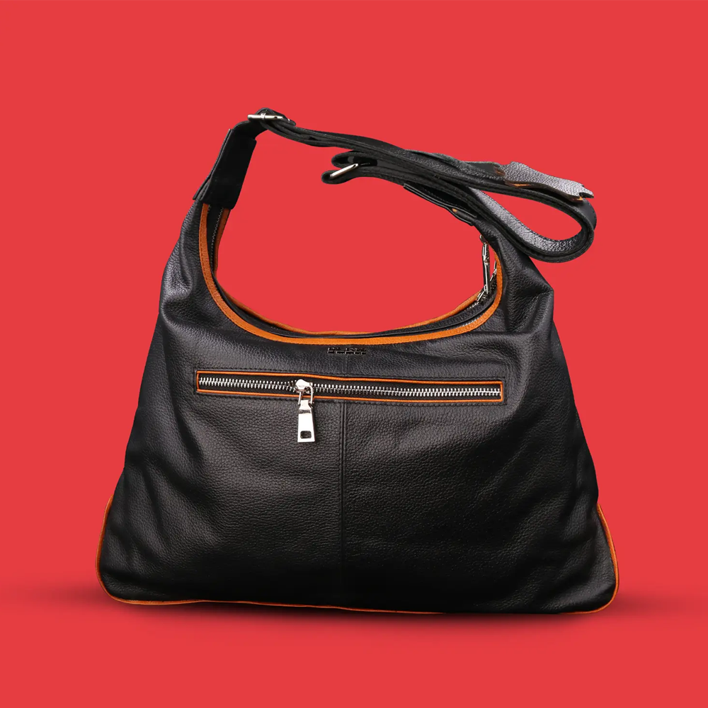 Leather Shoulder Bag For Women - Black and Orange - LB-12