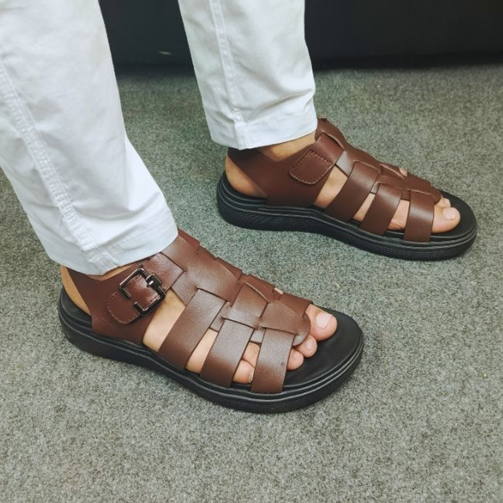 Leather Casual Sandal For Men - SP-103 - Chocolate and Black