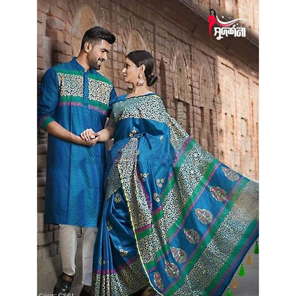 Dhupian Block Print Silk Saree Dhupian Silk Panjabi Couple Dress - Blue