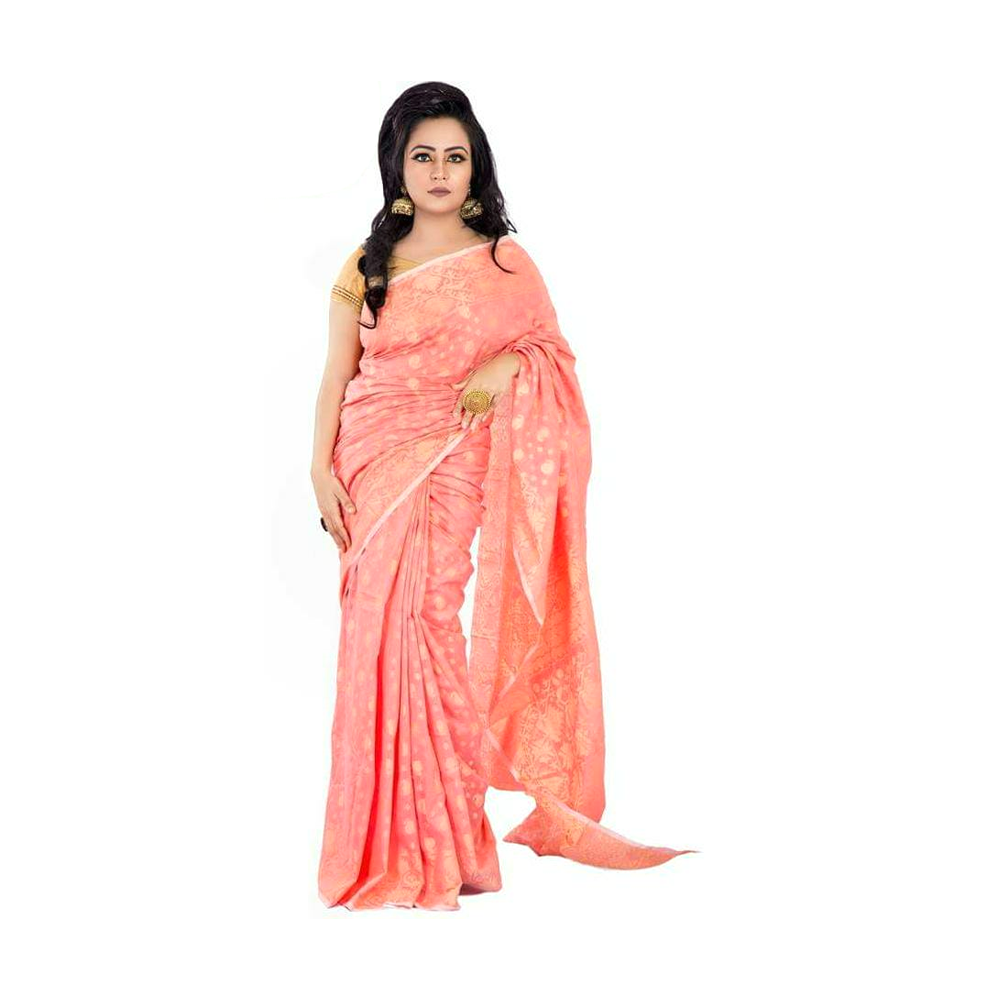 Half Silk Cotton Saree For Women - Peach - A03