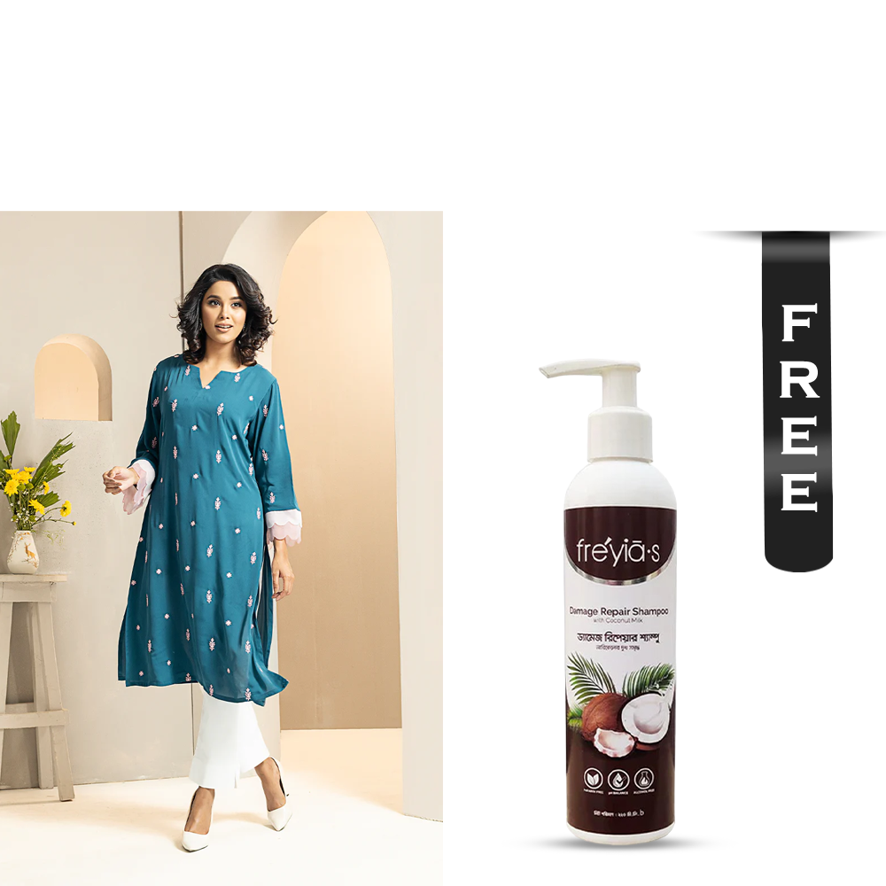 Buy Showstopper Cherry Georgette Kurti for Women - 1223 000290 - Sea Blue and Get Freyias Damage Repair Shampoo with Coconut Milk - 220ml Free