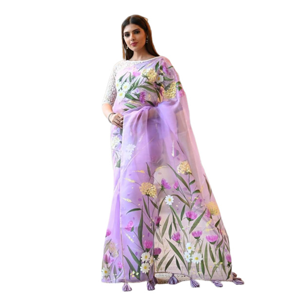 Half Silk Hand Print Saree For Women - Mauve - SP-119