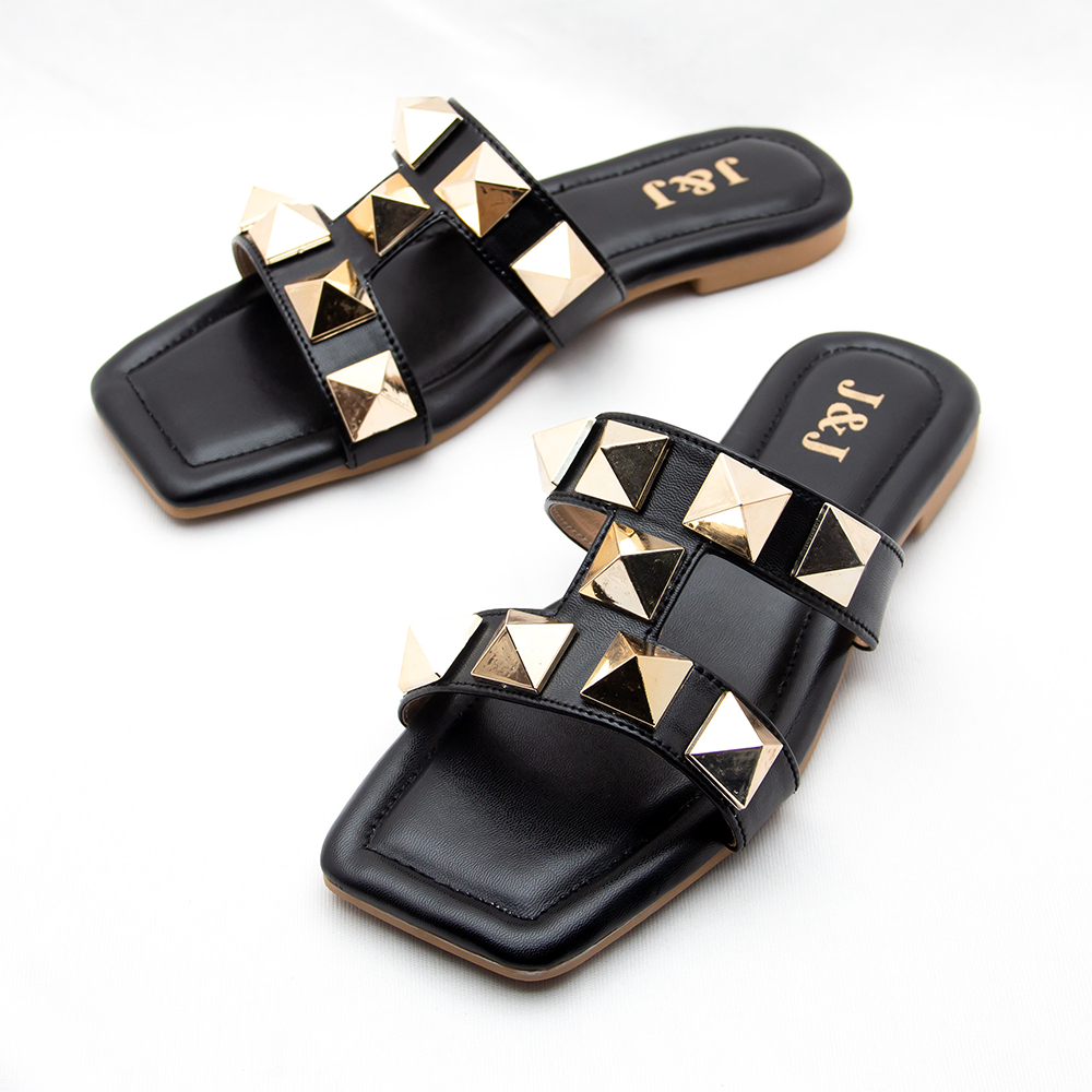 Artificial Leather Pyramid Stud Diamond Flat Sandal For Women