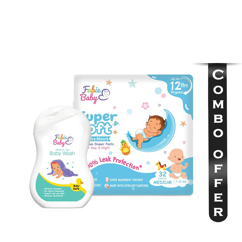 Combo of Fabie Baby Supersoft Extra Absorb Premium Diaper Pants Medium (7-12 Kg) -  32 Pcs and Baby Wash - 250ml