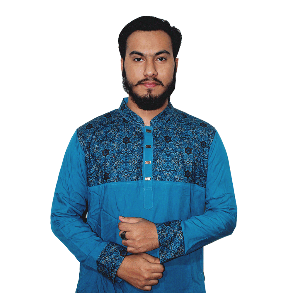 Dupion Silk Semi Long Panjabi For Men - Steel Blue