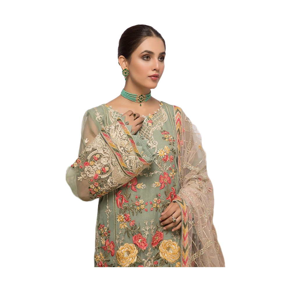 Three Pcs For Women Georgette and Butter Silk - Light Olive