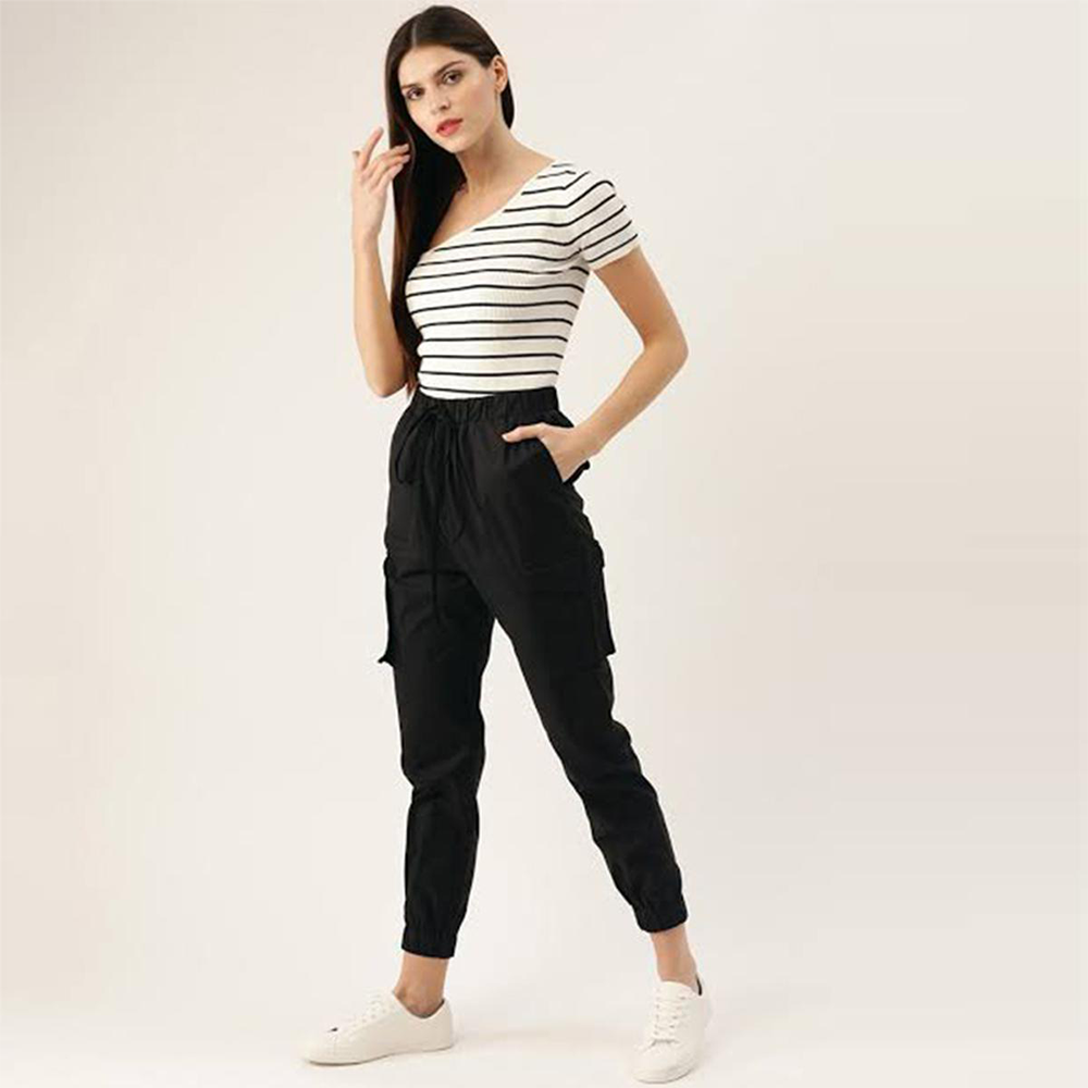Cotton Twill Joggers Pant For Women with 4 Pockets - Black - u3045