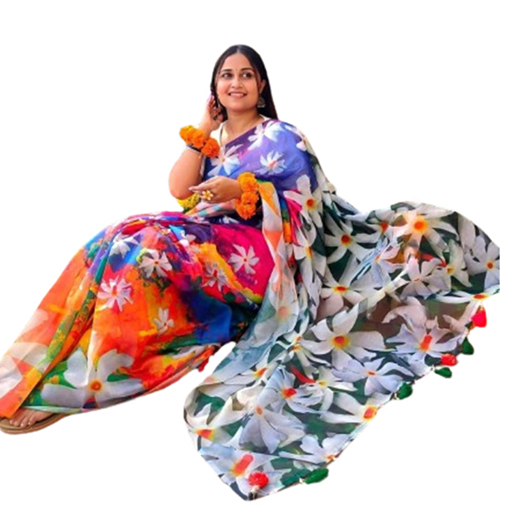 Chanderi Silk Digital Print Saree For Women - Multicolor - SB-N49