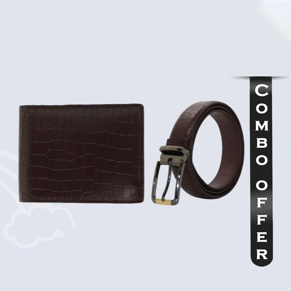 Combo of  Crocodile Print Belt and Wallet For Men - Dark Brown