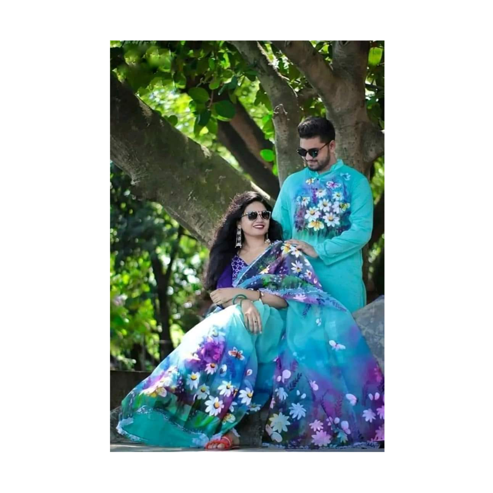 Hand Printed Half Silk Saree and Dhupian Cotton Panjabi For Couple  - BAN068