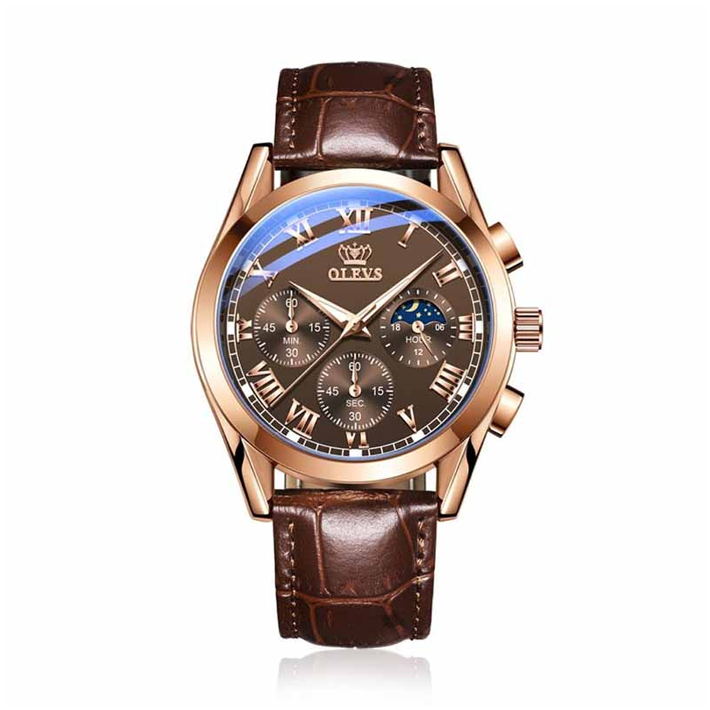 Olevs 2871 PU Leather Wrist Watch For Men - Brown