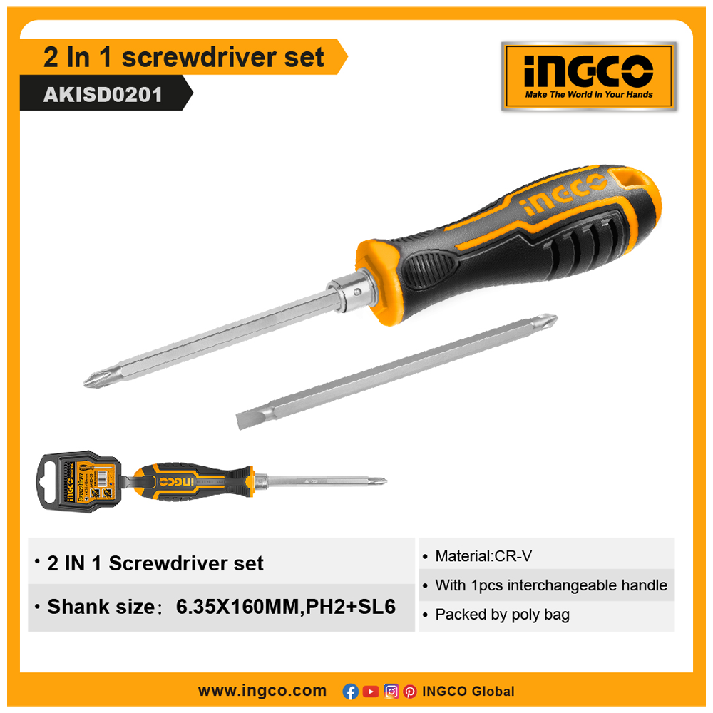 Ingco AKISD0201 2 In 1 Screwdriver - Black