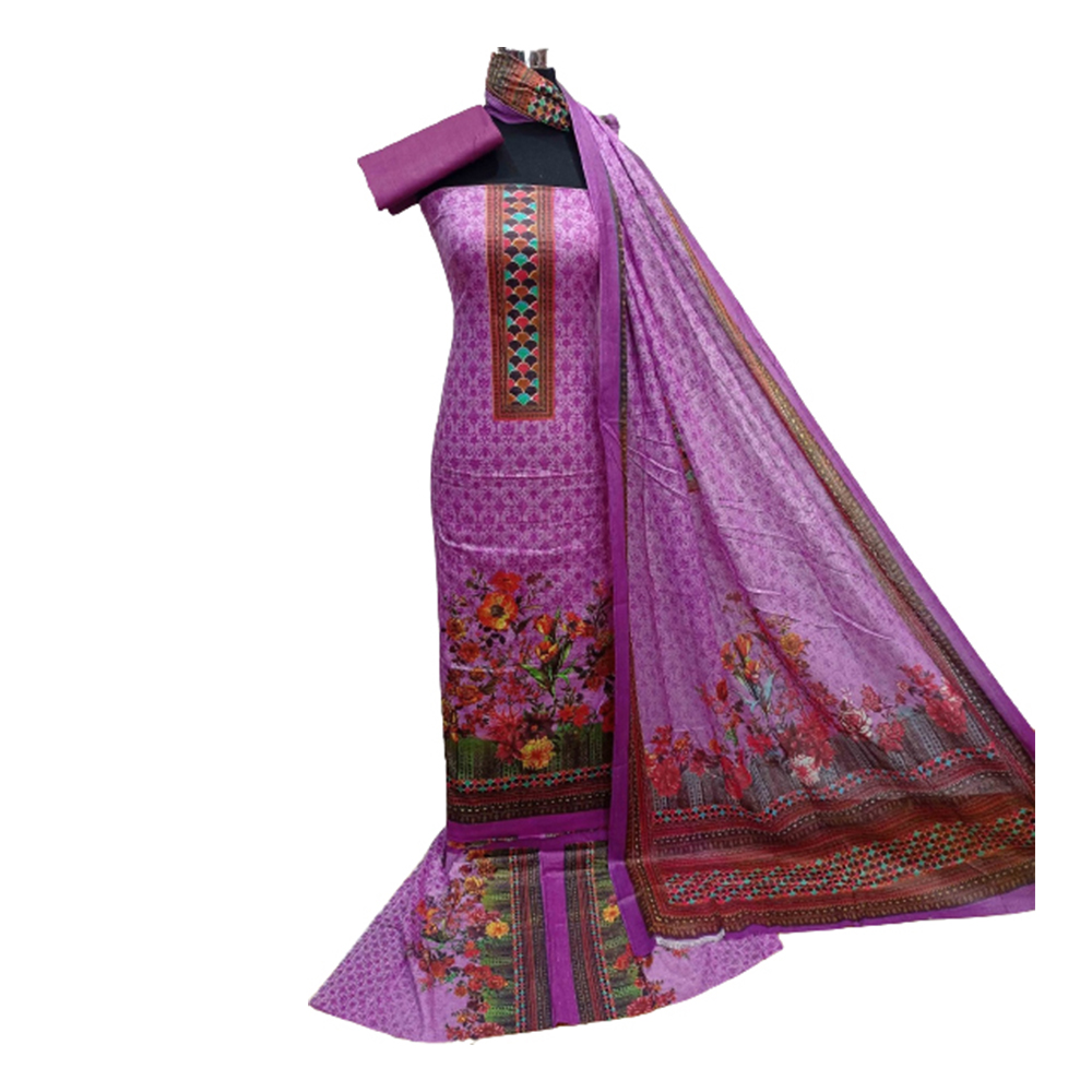 Unstitched Cotton Printed Salwar Kameez for Women - Light Purple - 3R-F05