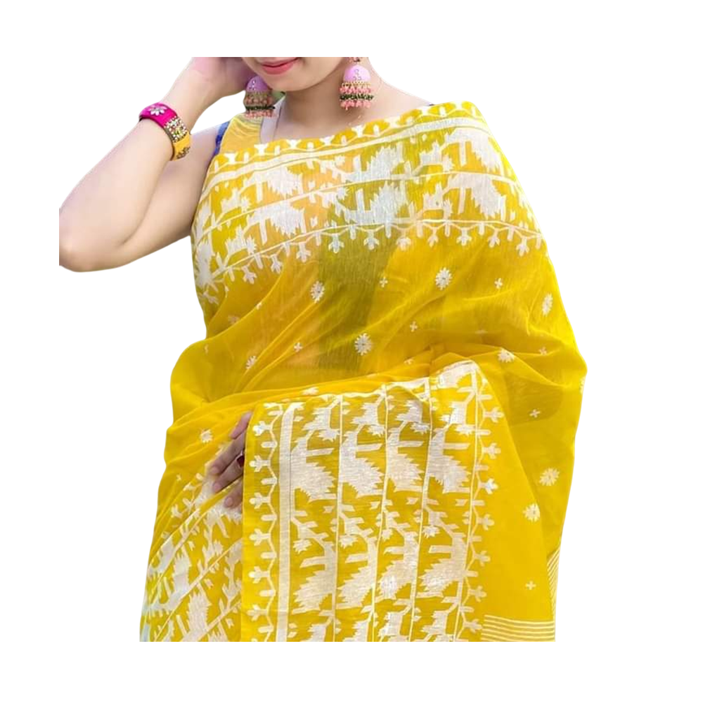 Half Silk Screen Print Saree For Woman - Yellow and White