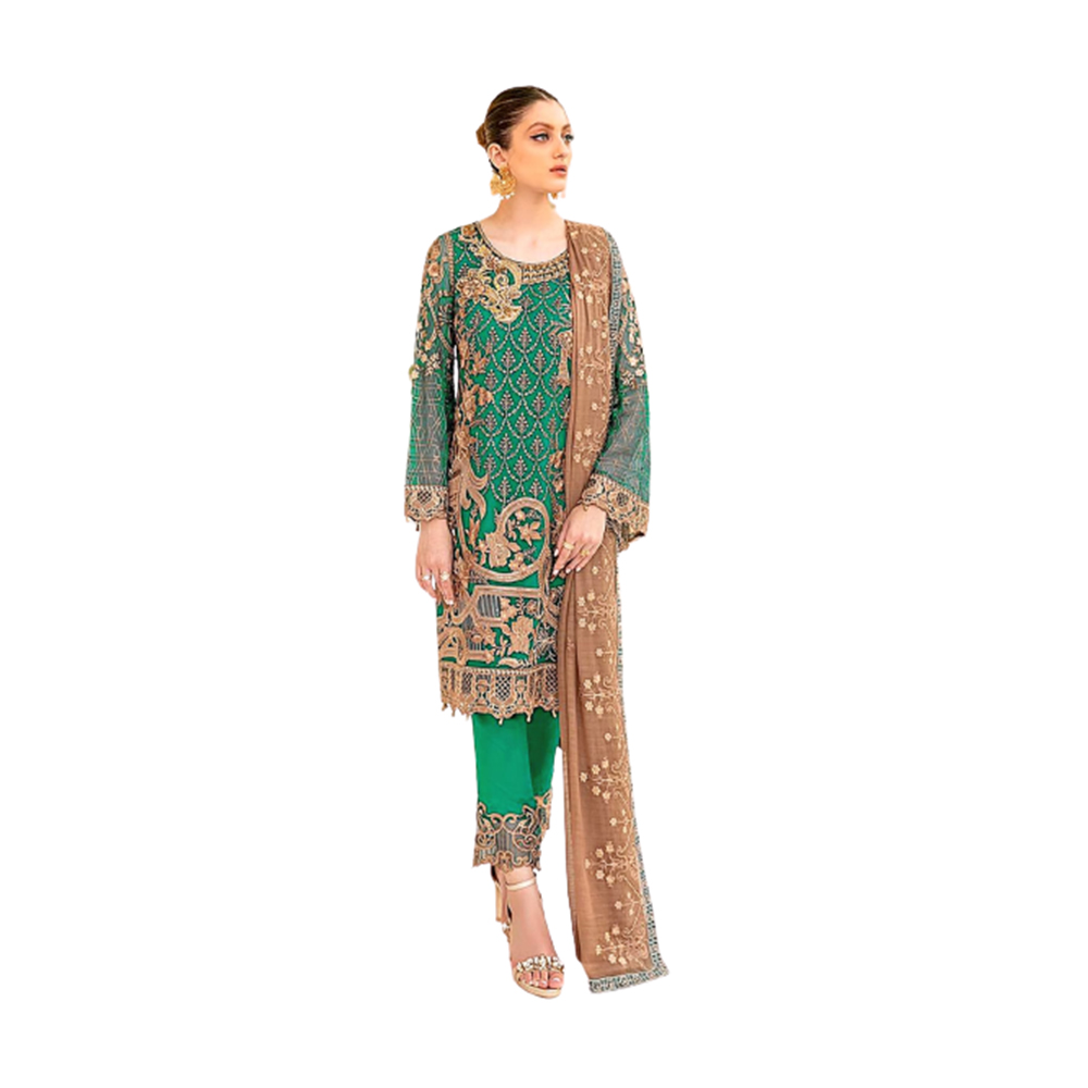 Three Pcs For Women Georgette and Butter Silk - Golden and Green