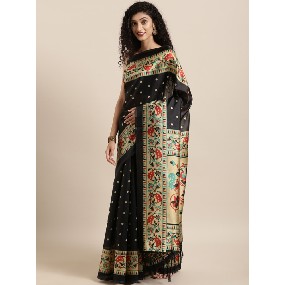 Silk Printed Gorgeous Saree With Blouse Piece For Women - Black - MN-727