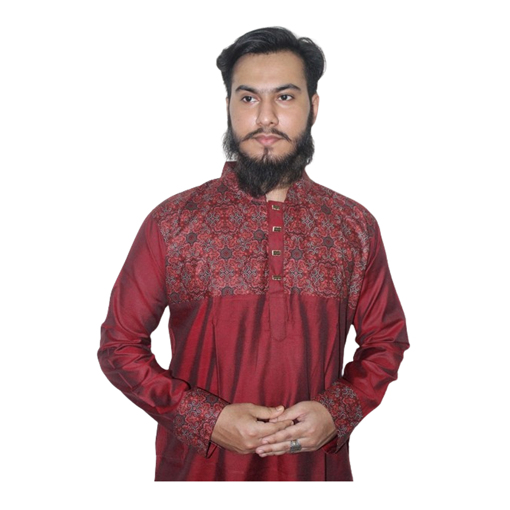 Dupion Silk Semi Long Panjabi For Men - Maroon