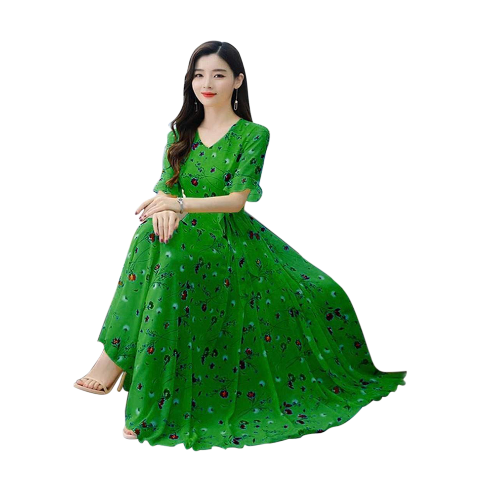 Linen Screen Print Fashionable Long Gown For Women - Green - G-N04